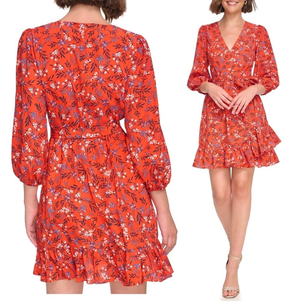 Eliza J Floral 3/4 Sleeve Faux Wrap Dress in Red